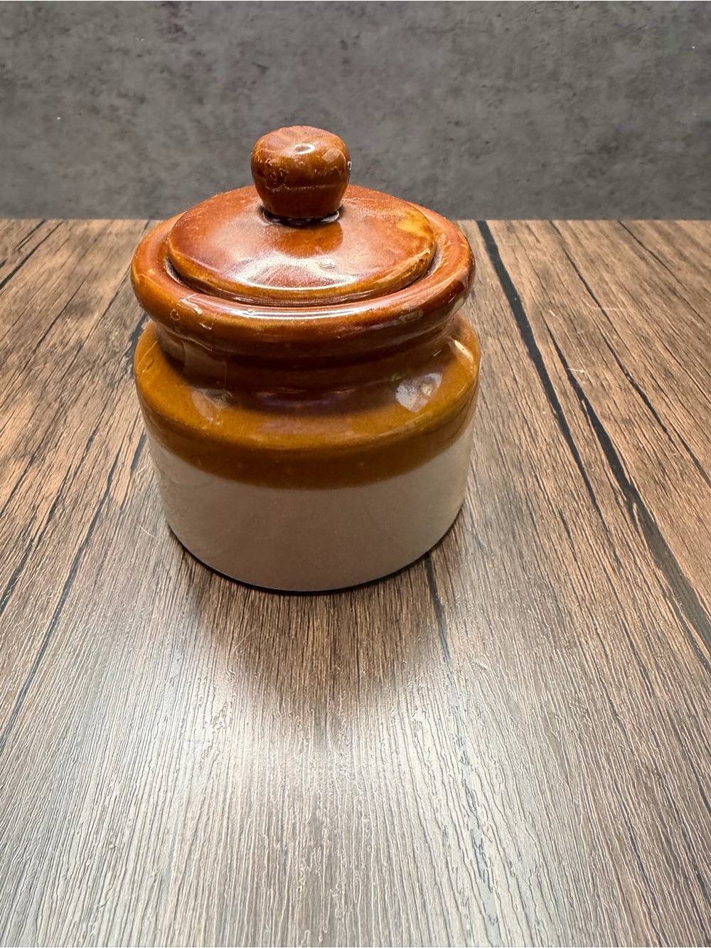 Vintage Stoneware Covered Jar in Brown and Cream